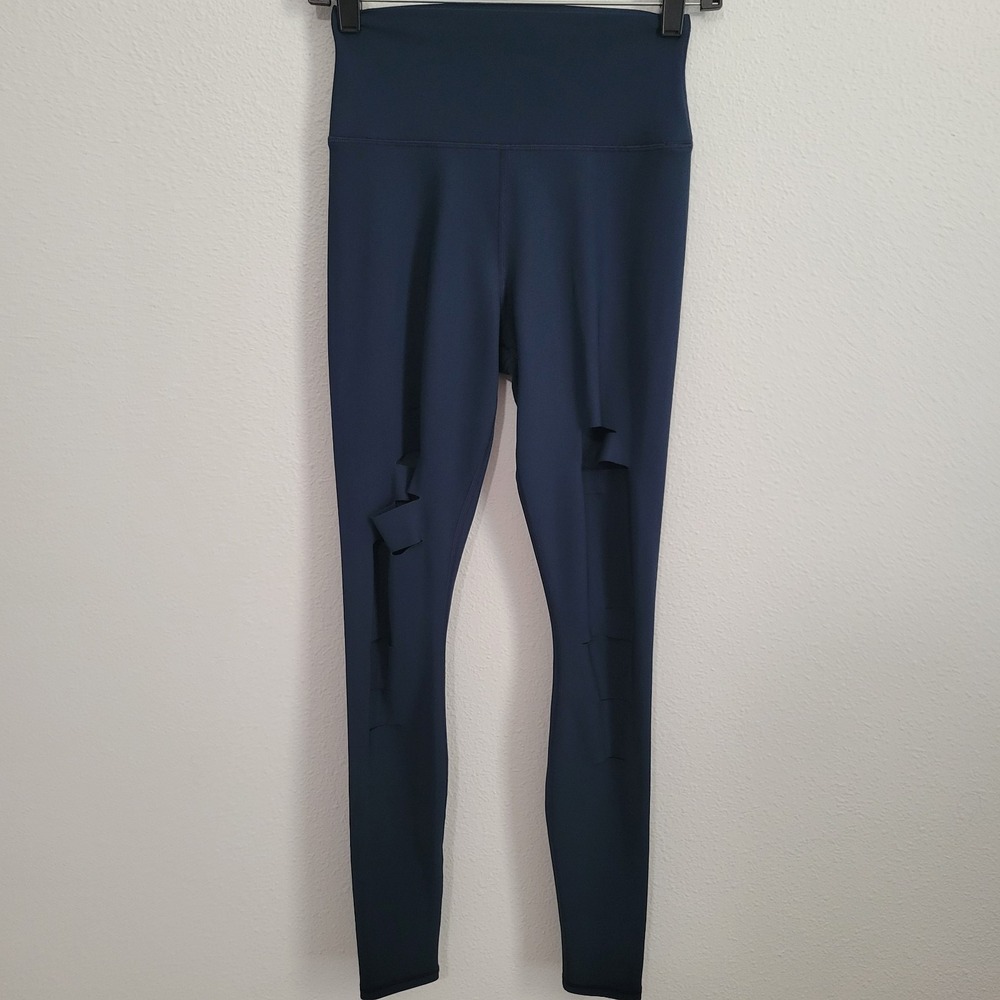Alo Yoga High Waist‎ Ripped Warrior Leggings Small Navy Long Shredded Sculpting